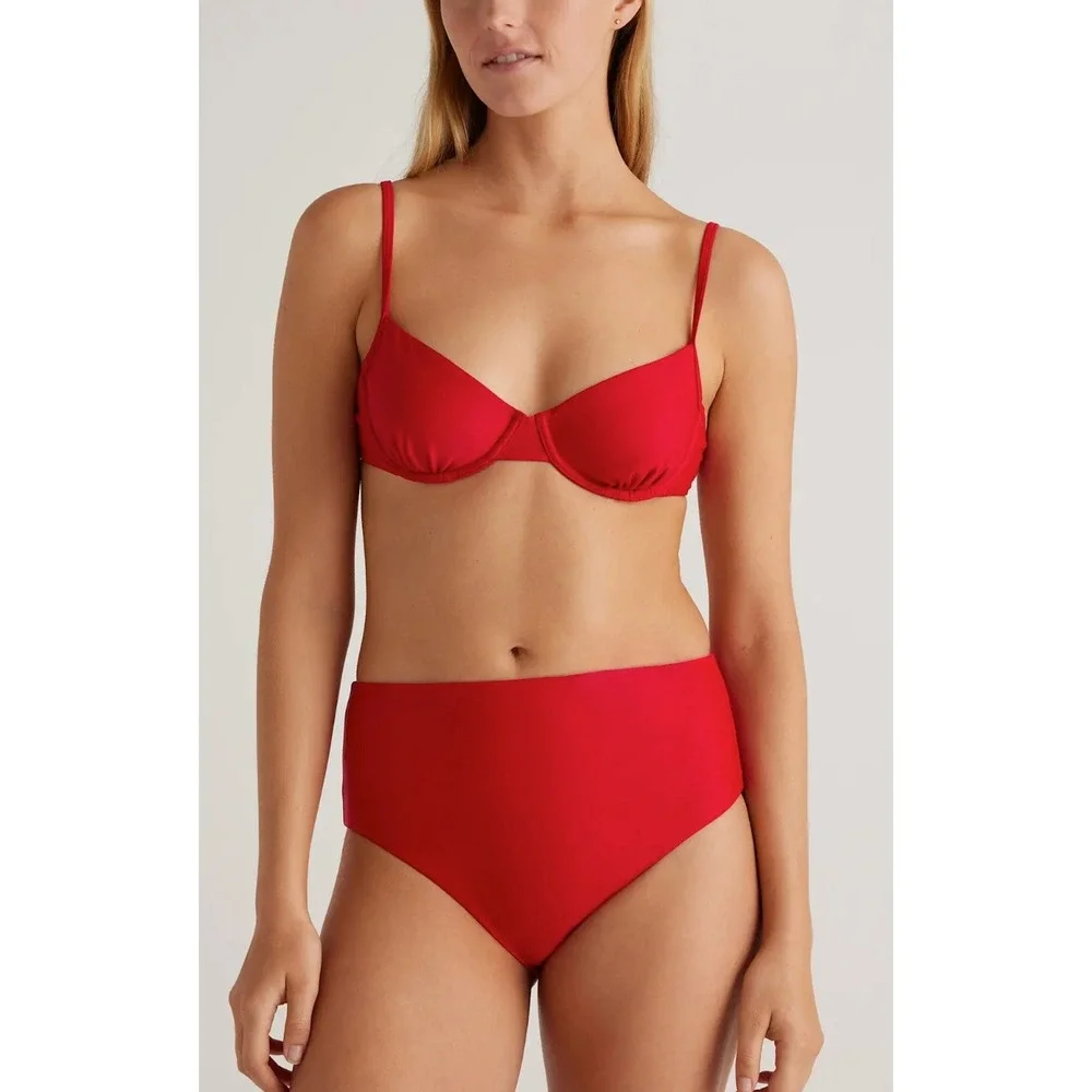 NWT Quince Italian High-Waisted Bikini Bottom Cherry Red, Sz L